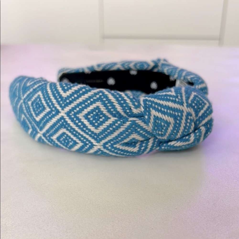Lele Sadoughi Diamond Woven Knotted Headband in Turquoise Blue and White - Picture 2 of 4